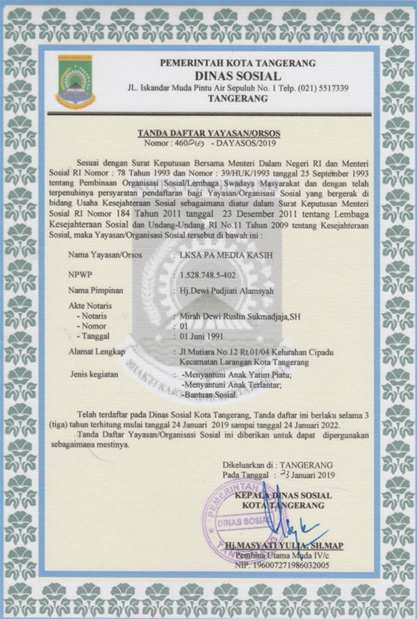 Sertifikat Dinas Sosial Kota Tangerang